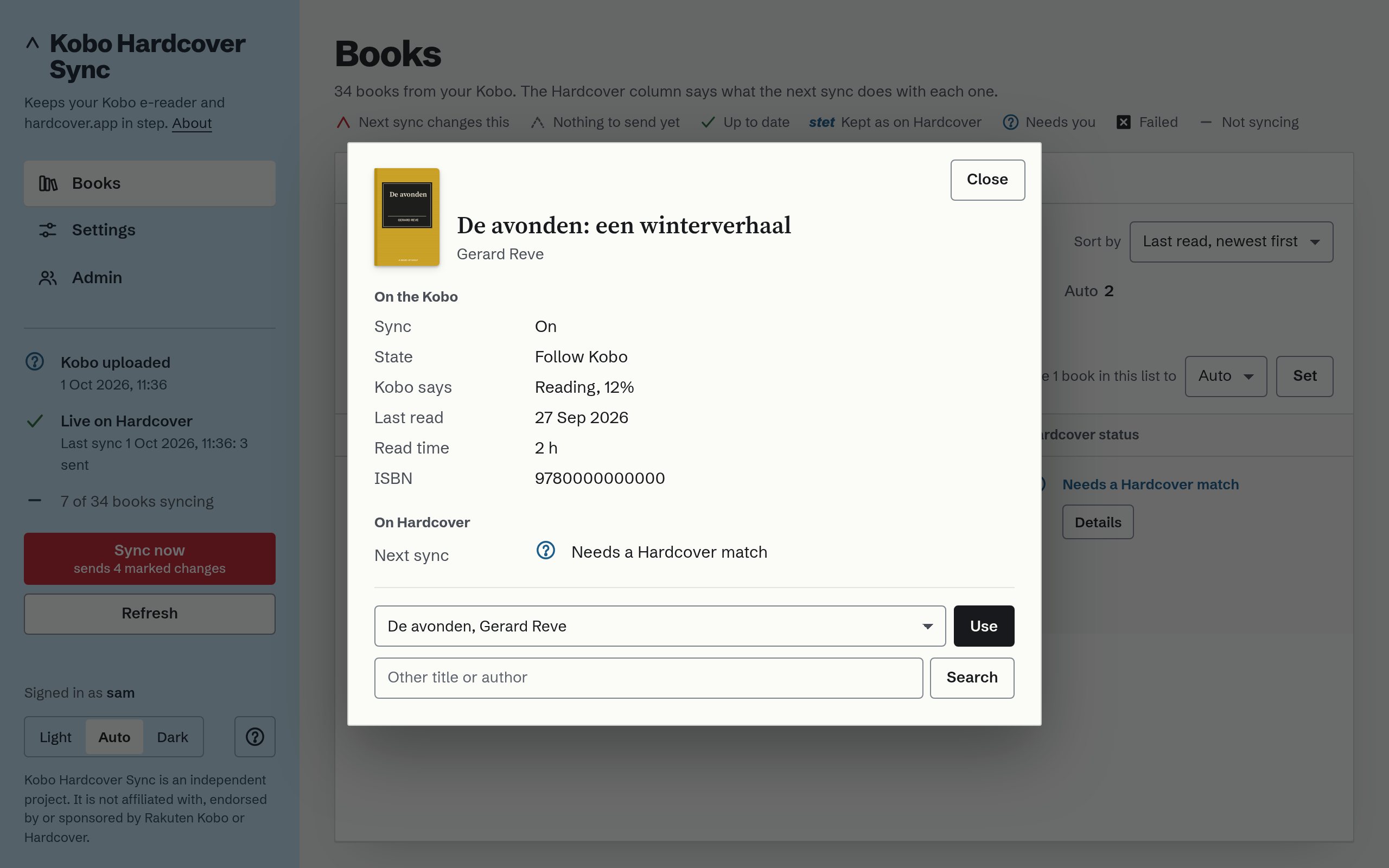 A book's Details: the cover large, the edition line, the Hardcover candidates to choose from, and what the next sync will send