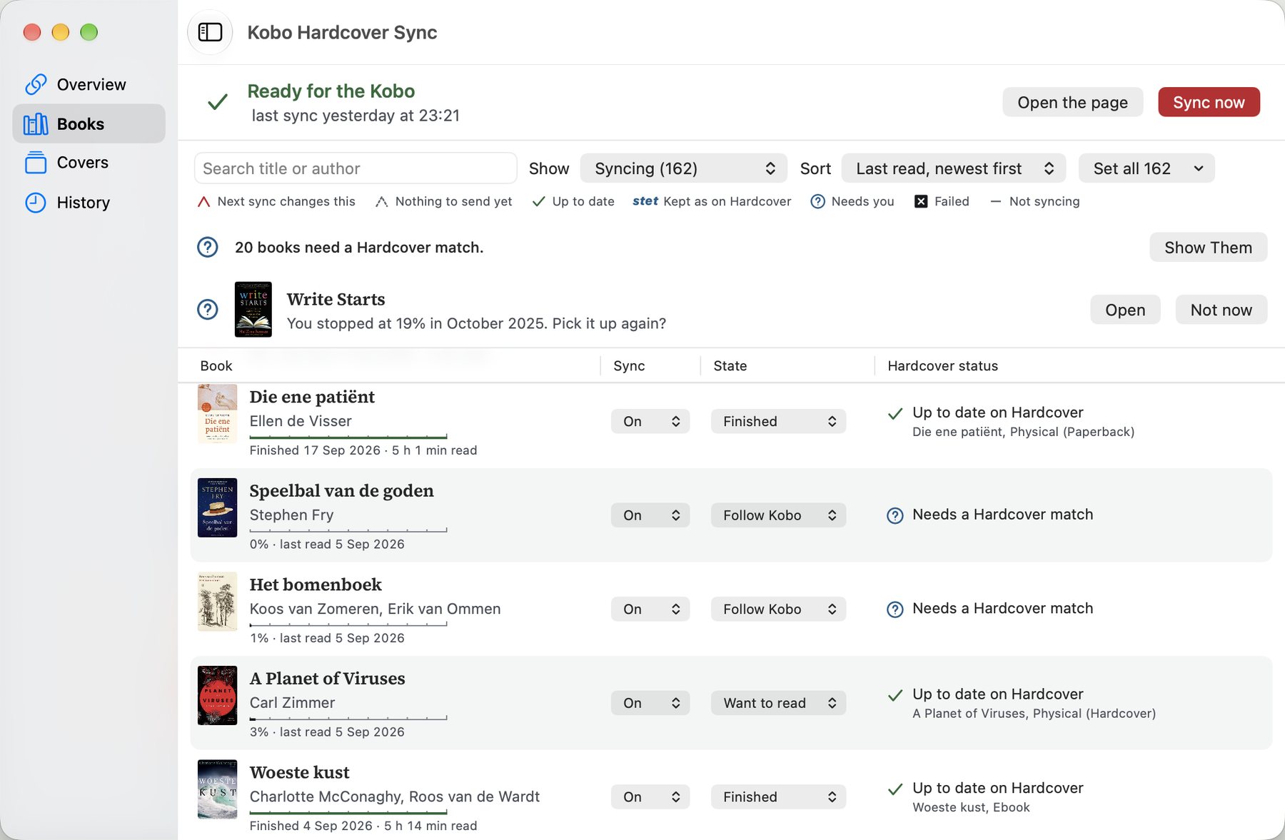 The app's Books pane: the shelf as a list with covers, progress, the Sync and State switches, and the Hardcover status with its marks; a band says twenty books need a match