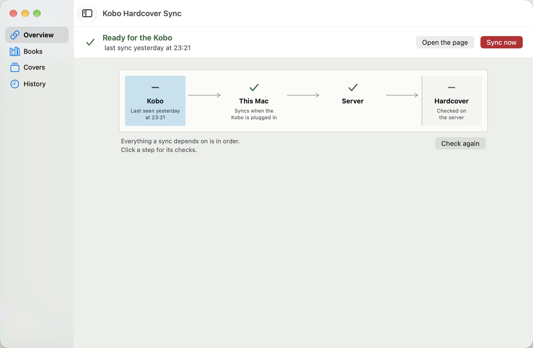 The app's Overview: a sidebar with Overview, Books, Covers and History; the line Ready for the Kobo with the server and the last sync; the chain Kobo, This Mac, Server, Hardcover with a tick on each step that is in order